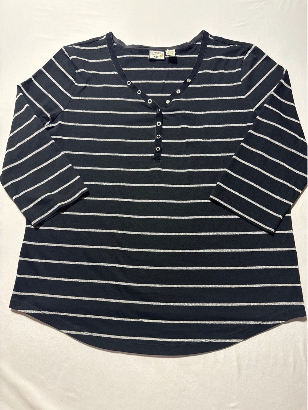 Caribbean Joe XL Black & White Striped 3/4 Sleeve Shirt - A+